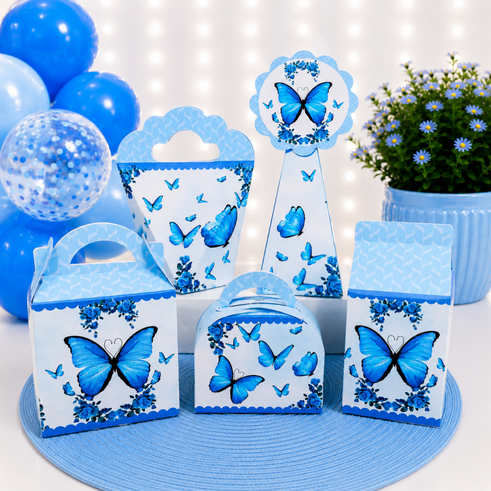 Caixinhas Jardim das Borboleta Azul Kit para Festa Infantil Aniversário  Lembrancinha