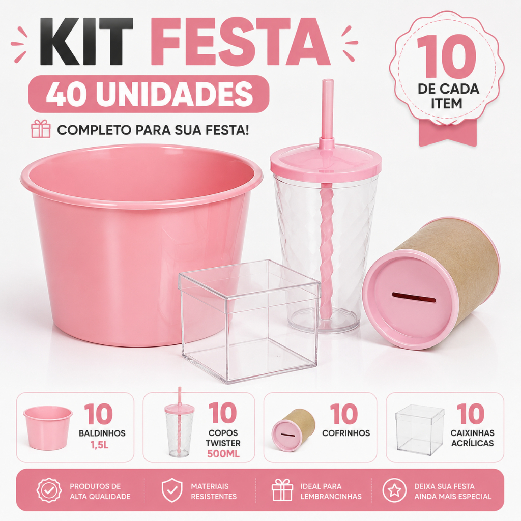 Kit Festa Completo Para Aniversário – Copo, Baldinho, Cofrinho e Embalagens Decorativas 40 PEÇAS
