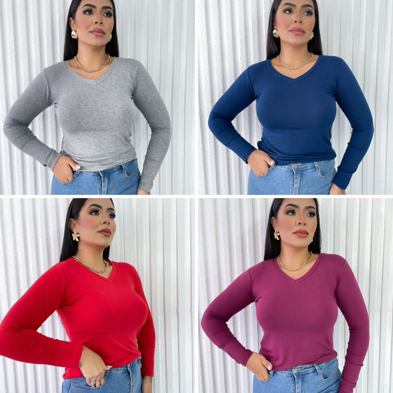 Kit 4 Blusa Feminina Gola V Manga Longa Segunda Pele Blusinha Basica Tshirt