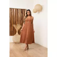 Vestido Feminino Midi Duna Linho Com Fenda Frontal