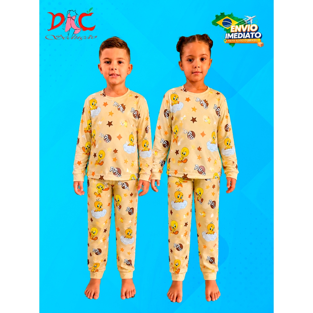 Pijama Infantil Manga Longa Frio Menina e Menino Suede Estampado Confortável Personagens