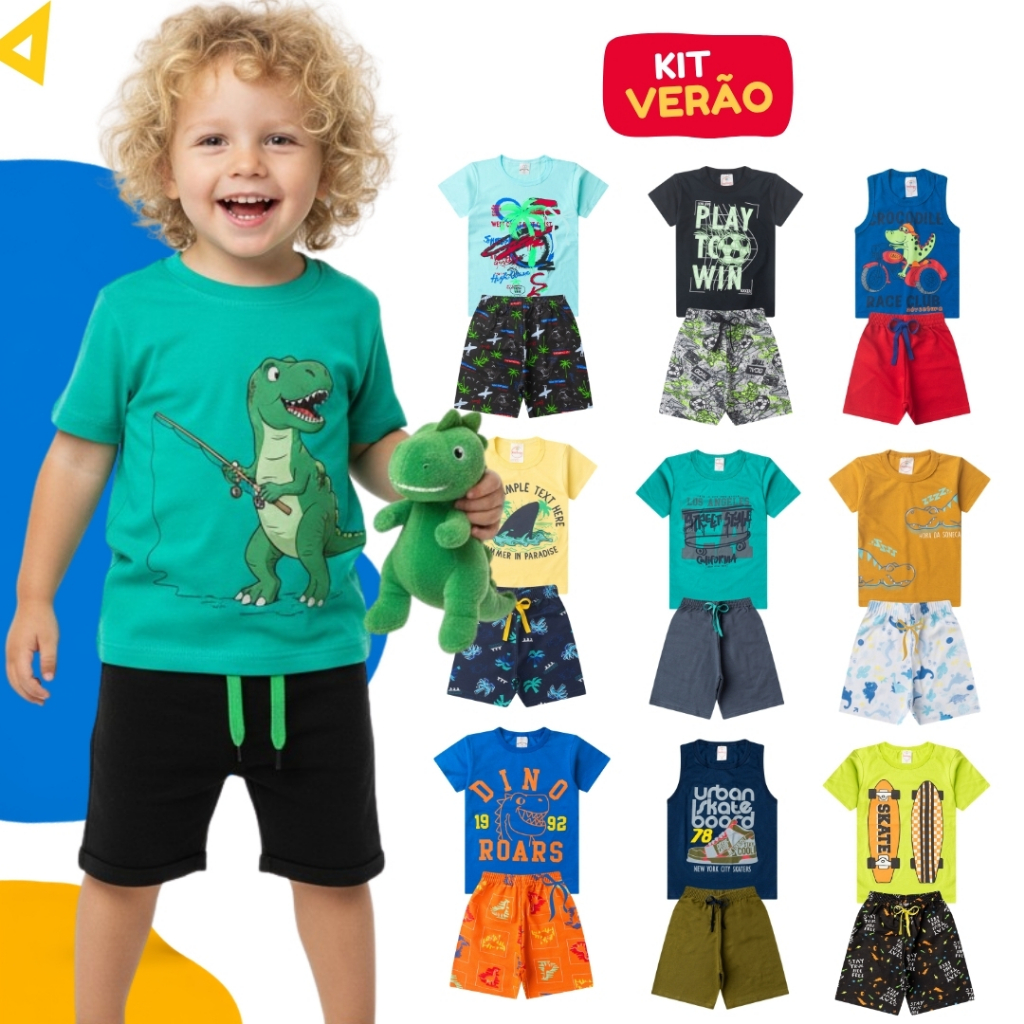 Kit 4 Peças Roupa Infantil Menino Verão Conjunto Masculino 2 Blusas + 2 Shorts T