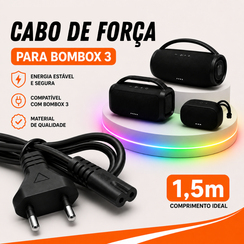 Cabo de Força Energia Bipolar Compatível com Caixa de Som Bombox 1,5 M Qualidade e Segurança