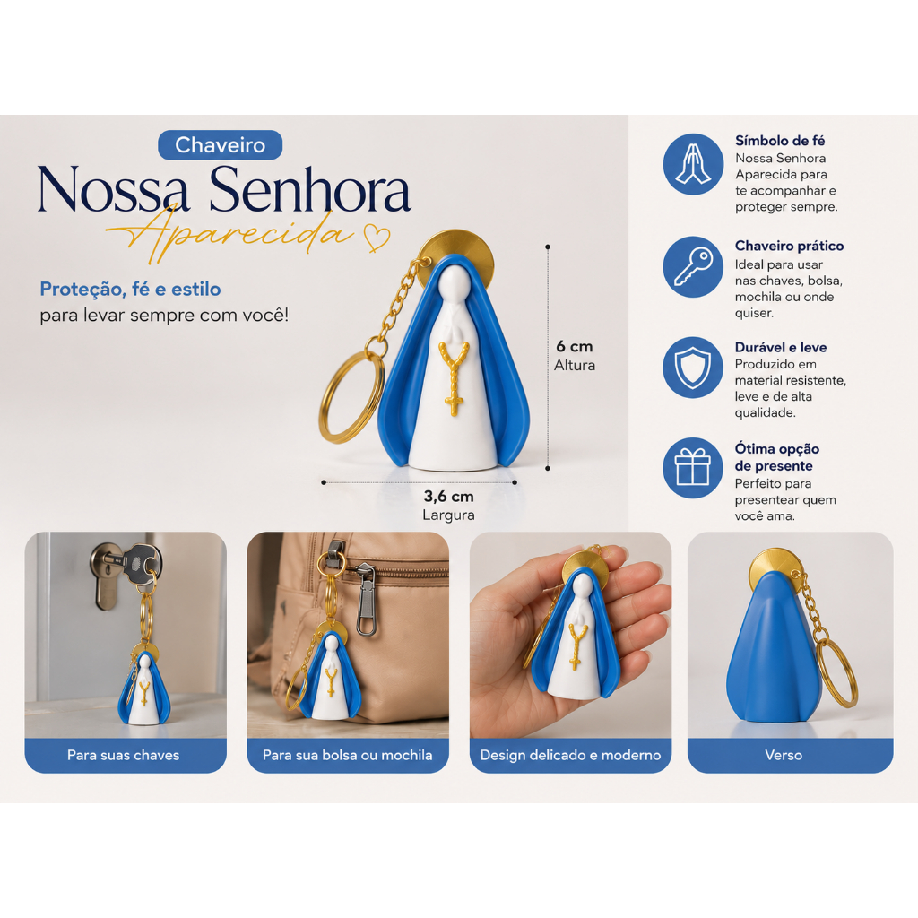 Chaveiro Nossa Senhora Aparecida Decorativo Impressão 3D Católico Presente Religioso Fé e Proteção