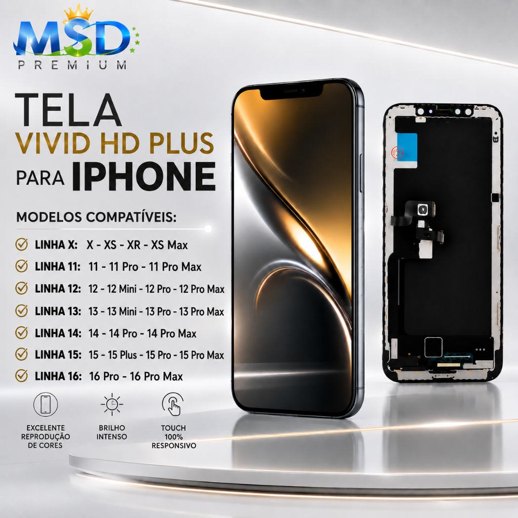 Tela LCD VIVID  HD PLUS  PARA IP  X - XR - XS - 11 - 12 - 13 - 14 - 15  - 16Pro - Max Mini Plus