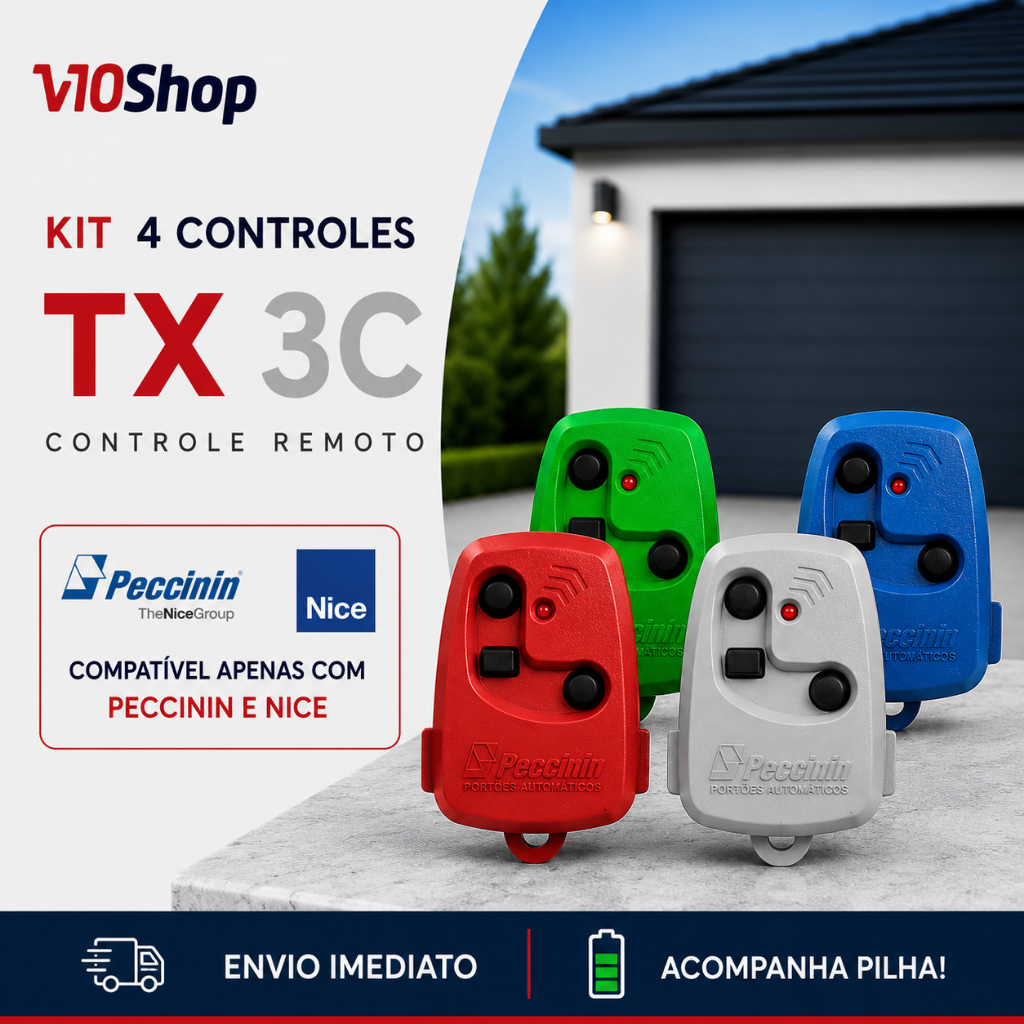 Kit 4 Controle para Portão Tx 3c Verde Cinza Azul Vermelho Peccinin Nice Linear 433 Mhz - V10 Shop