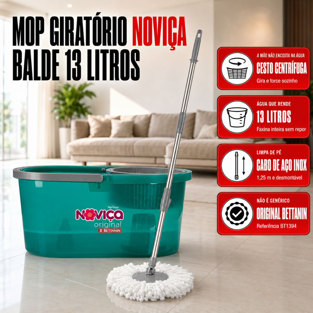 Mop Giratório Noviça Bettanin Original 13 Litros Balde Centrífuga Cabo Inox Lava Seca BT1394