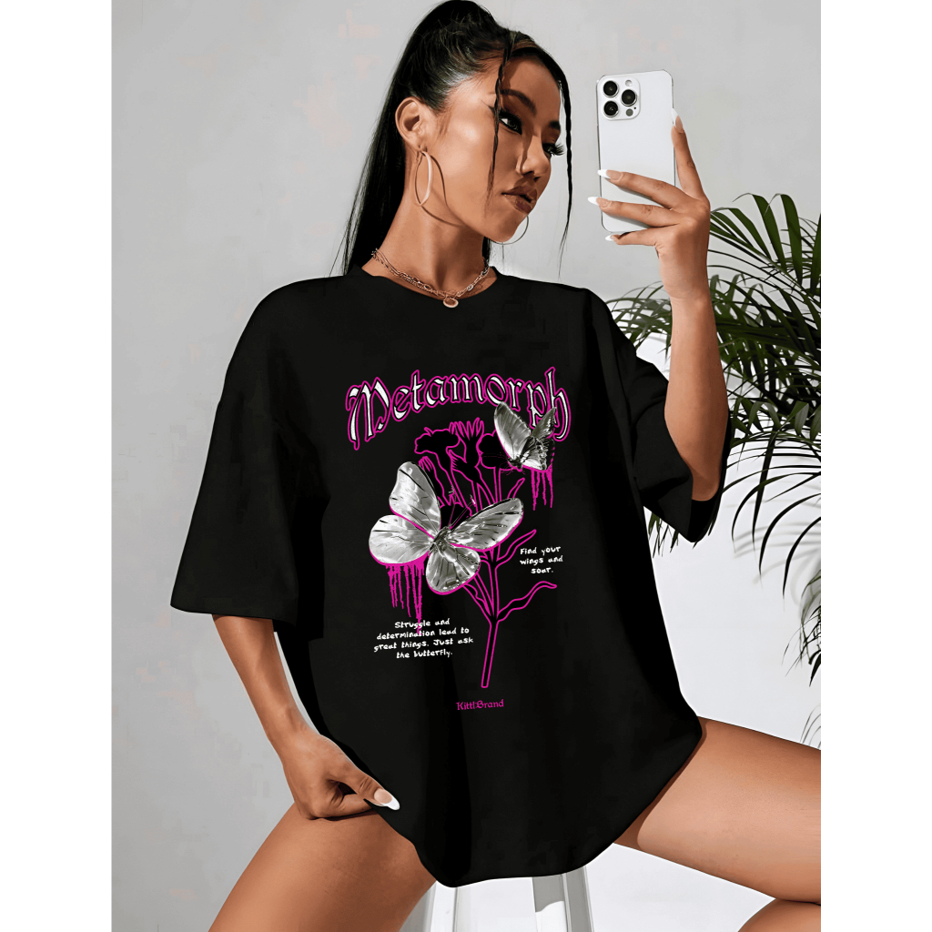 Camiseta Oversized Feminina Academia Estampada Borboleta Casual Algodão