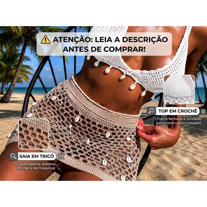Conjunto Saída de Praia e Top de Crochê com búzios – Sol e  Mar