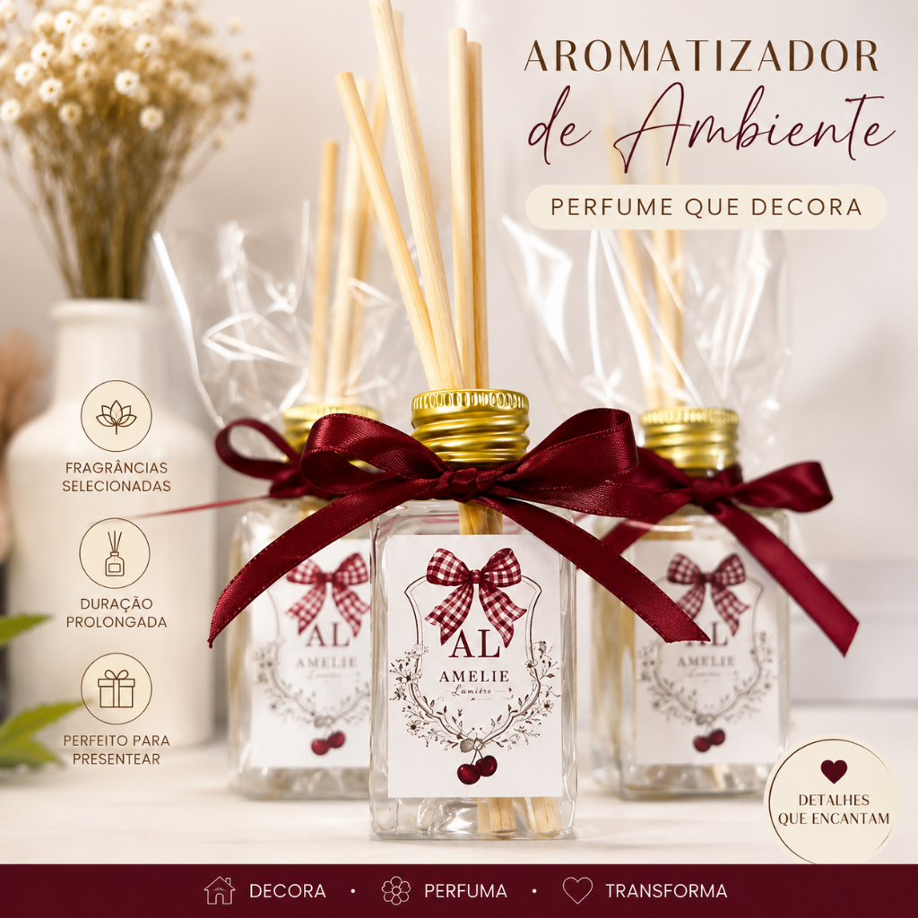 Kit com 25 Lembrancinhas Personalizadas Luxo Aromatizador Difusor 40ml Casamento Maternidade Chá de Bebê (Semi Montado)