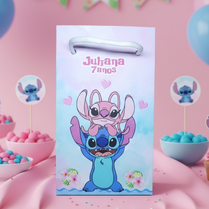 Sacolinha (P) Personalizada Lembrancinha Stitch e Angel Aquarela 1.
