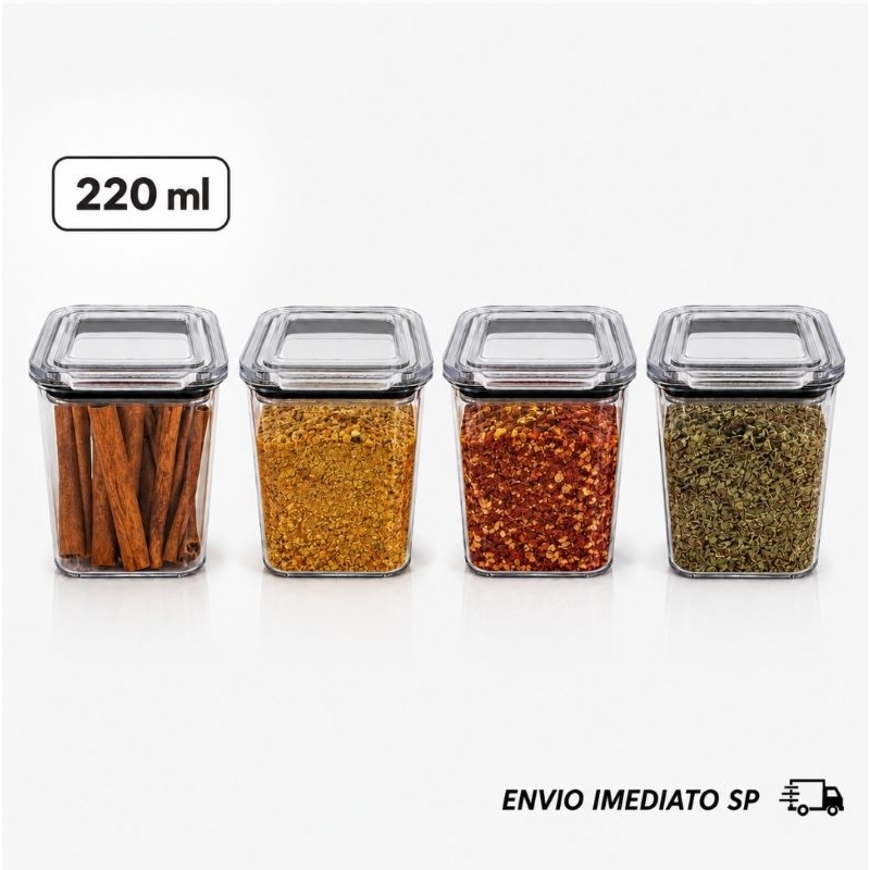 kit 4 Potes Herméticos 220ml Transparente com Tampa Empilhável Porta Temperos, Condimentos, Ervas e Mantimentos