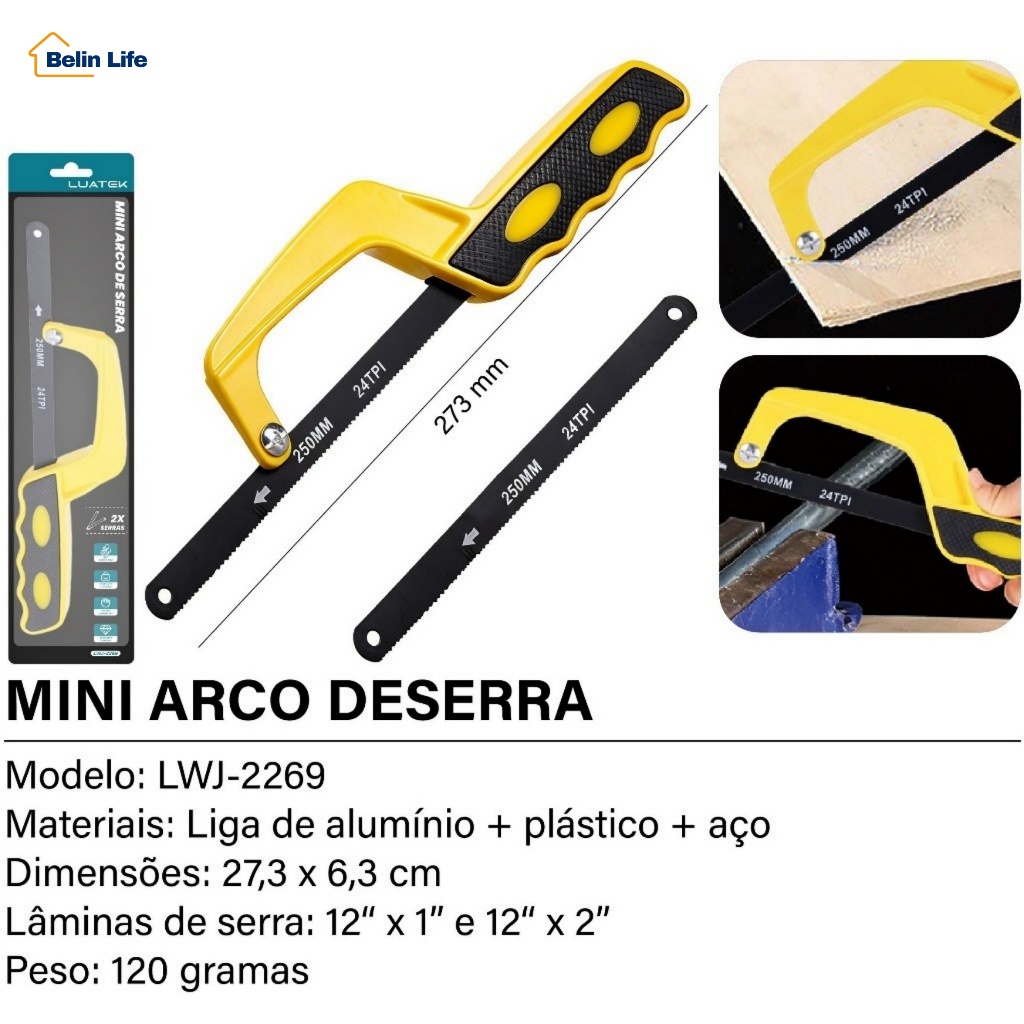 Imagem de Mini Arco De Serra Manual Profissional Com 2 Laminas Cabo Ergonomico Para Metal Gesso
