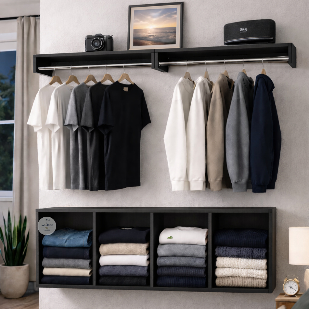 Cabideiro Suspenso de Parede tipo Arara para Closet Aberto – Organização e Praticidade para o Quarto 100