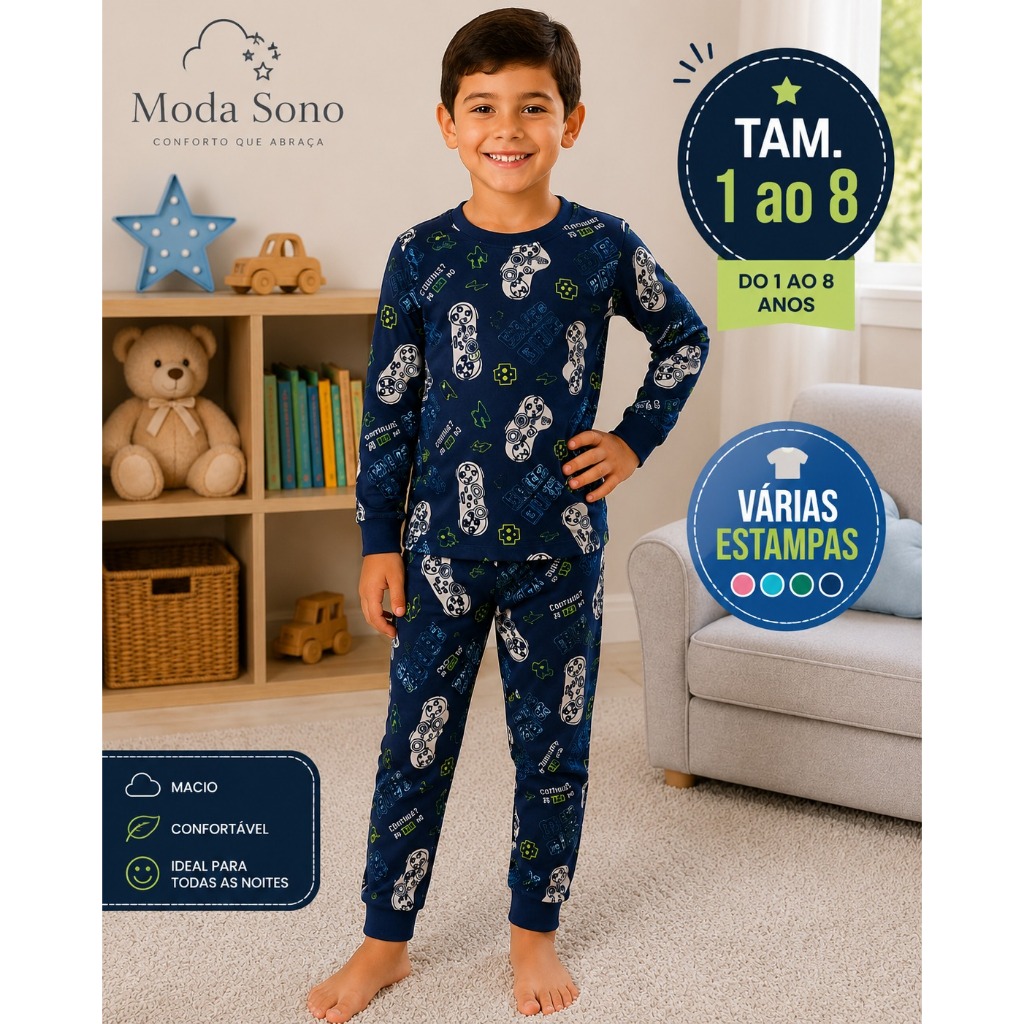Pijama Infantil Manga Longa Menino e Menina Conjunto Confortável Macio Estampas Exclusivas Tam. 1 ao 8 | Coleção Sonhos