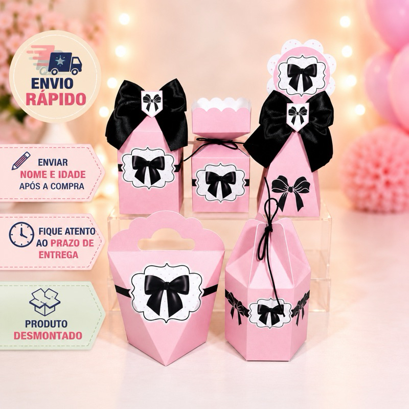 kit Caixinhas Personalizadas para Festa LAÇOS PRETO COM ROSA Lembrancinhas de Aniversário DESMONTADO.