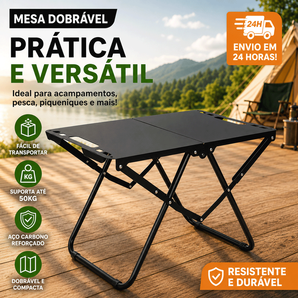 Mesa Dobrável para Piquenique, Alumínio Preto, Portátil, para Acampamento e Uso Externo