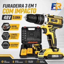Parafusadeira Furadeira de Impacto 48V Sem Fio 2 Baterias 3 Funções com Maleta e Acessórios Kit Completo