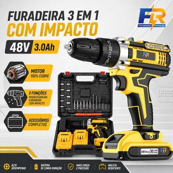Parafusadeira Furadeira de Impacto 48V Sem Fio 2 Baterias 3 Funções com Maleta e Acessórios Kit Completo