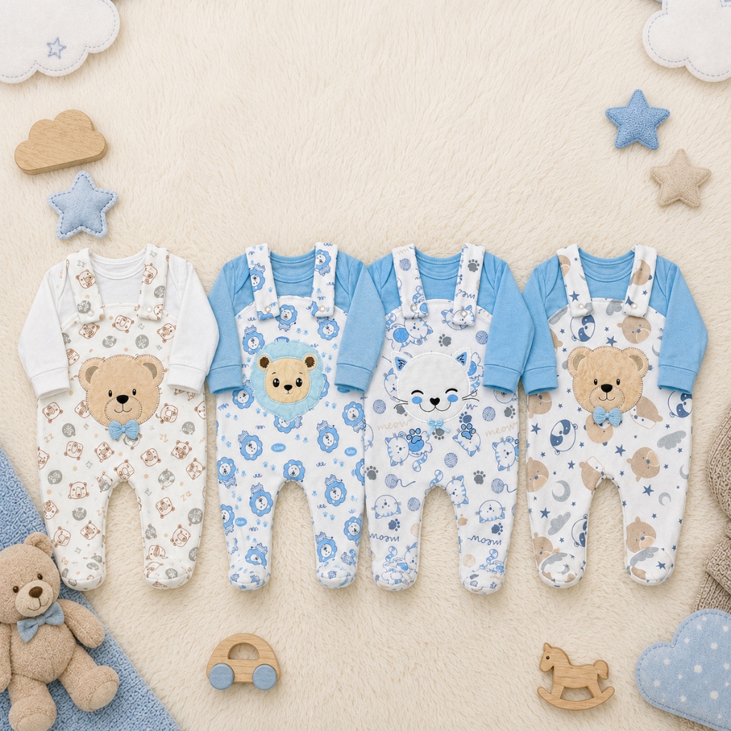 Conjunto Para Bebê Menino Menina Jardineira de Soft Estampada com Body Confortável 02 Peças Bordado