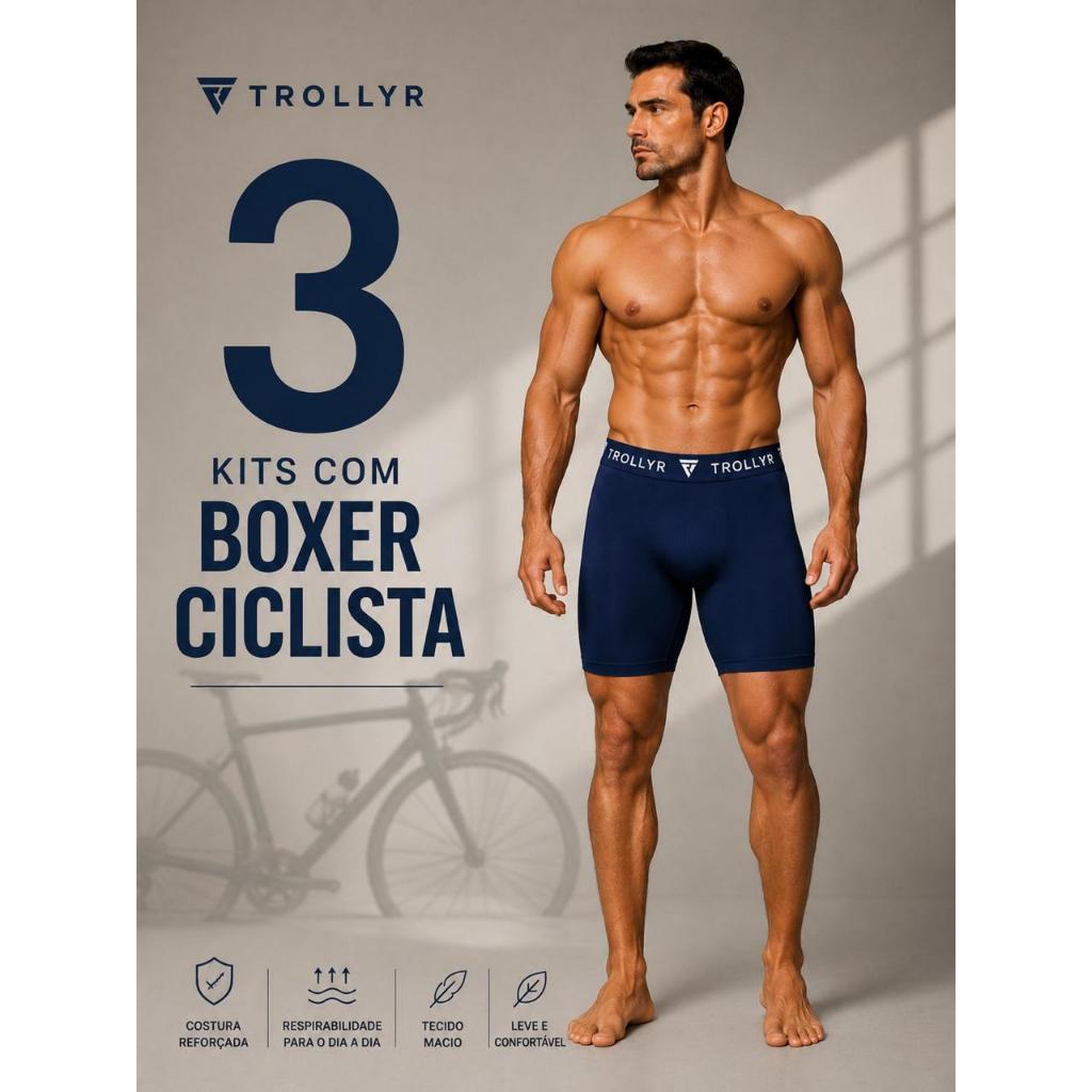 Kit com 3 Cuecas Boxer Ciclista em Microfibra Lisa Cueca Box Esportiva Adulto Conforto e Qualidade