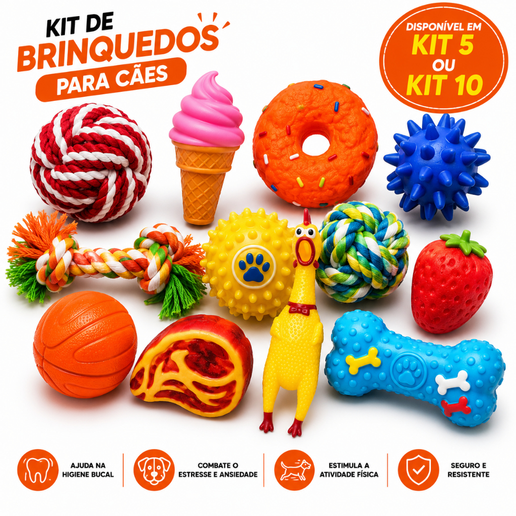 Kit 5 Brinquedos para Gato e Cachorro Porte Pequeno Médio Resistente Mordedor Interativo Anti Estresse Sortidos