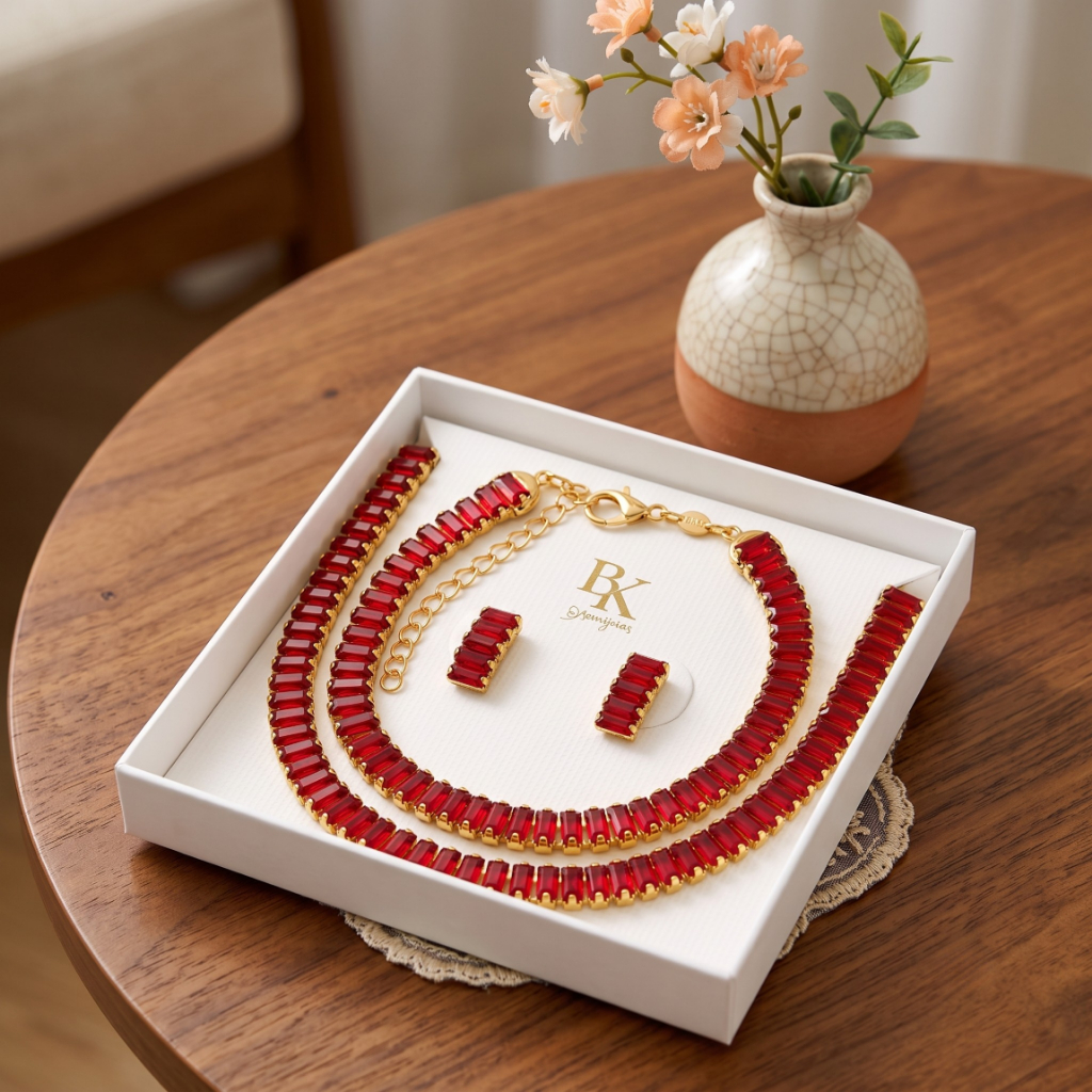 Kit Colar Pulseira Brinco Riviera Zircônia Vermelha Dourada