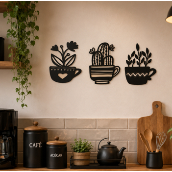 Aplique Quadro Decorativo Cactos Xícaras MDF 3mm Preto