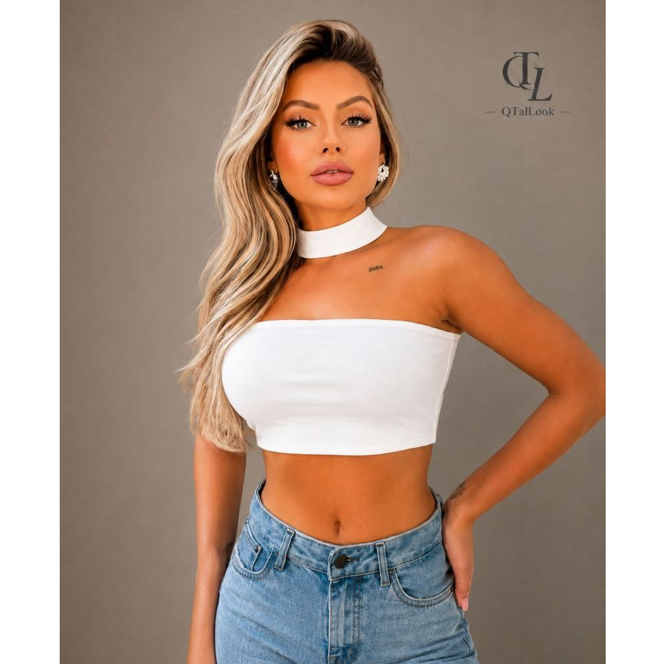 Cropped Feminino Tomara que Caia Canelado com Gola - Casual - Elegante - Moda Blogueira - Premium