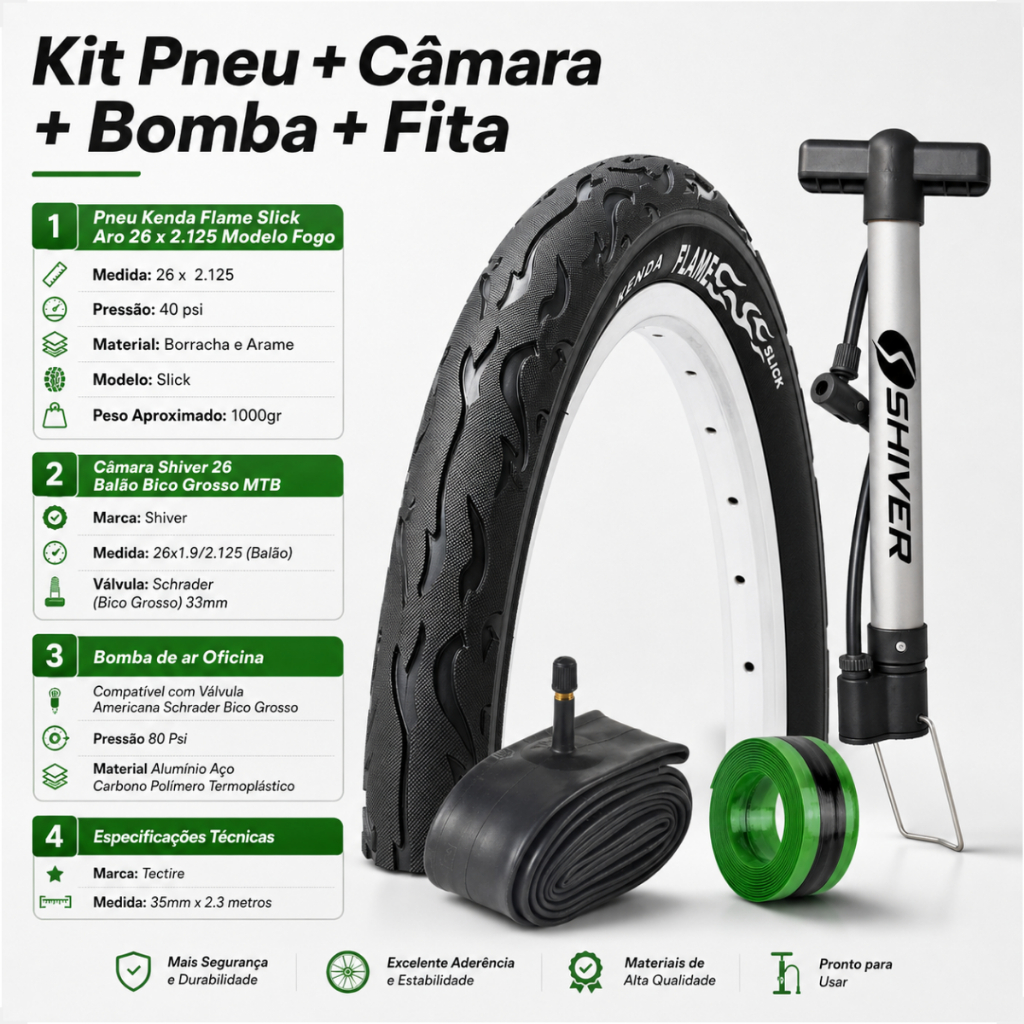 Pneu Bicicleta Kenda Flame Aro 26 x 2.125 Balão + camara Shiver + Brinde bomba de ar e fita antifuro