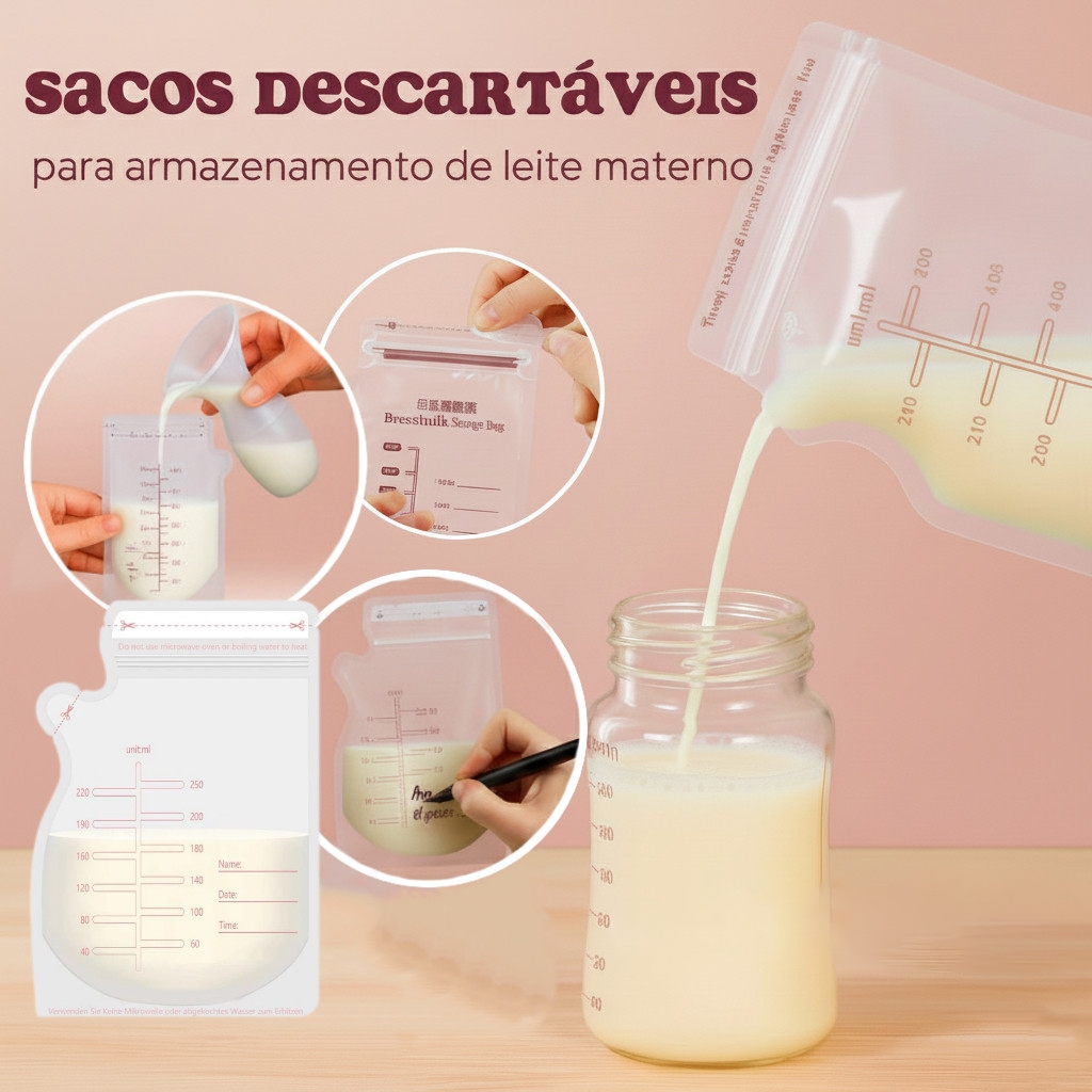 Kit 30 Sacos Coletor de Leite Materno 250ml Descartável com Escala de Medição Congelador