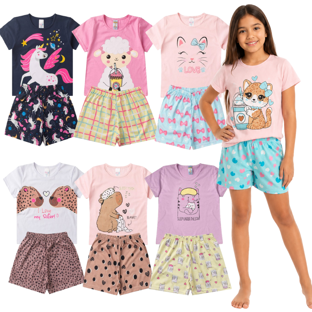 Kit 4 Peças Pijama que Brilha no Escuro Verão Infantil Feminino Menina Tecido Leve e Respirável KIT com 2 Conjuntos