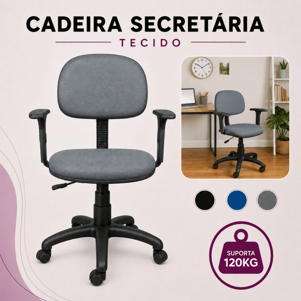 Cadeira Secretária Giratória Ergonômica Tecido com Braços Reguláveis Escritório Home Office 120kg