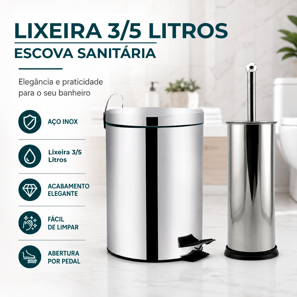 Lixeira 3/5L Escova Sanitária P/ Banheiro Luxo Chique Premium Inox Durável