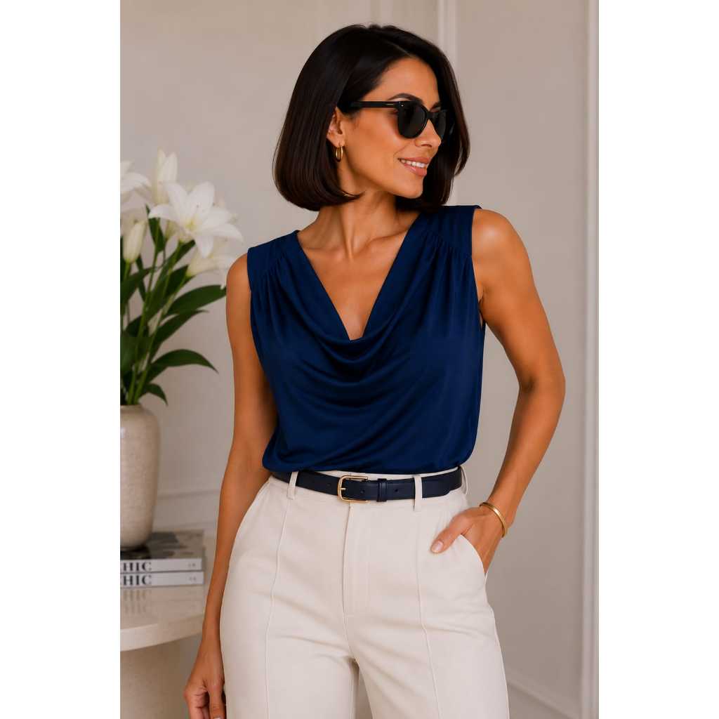 Blusa Feminina Gola Drapeada Decote V Elegante Regata Social Casual Frente Gola Boba Facil para Amamentação Moda Chic