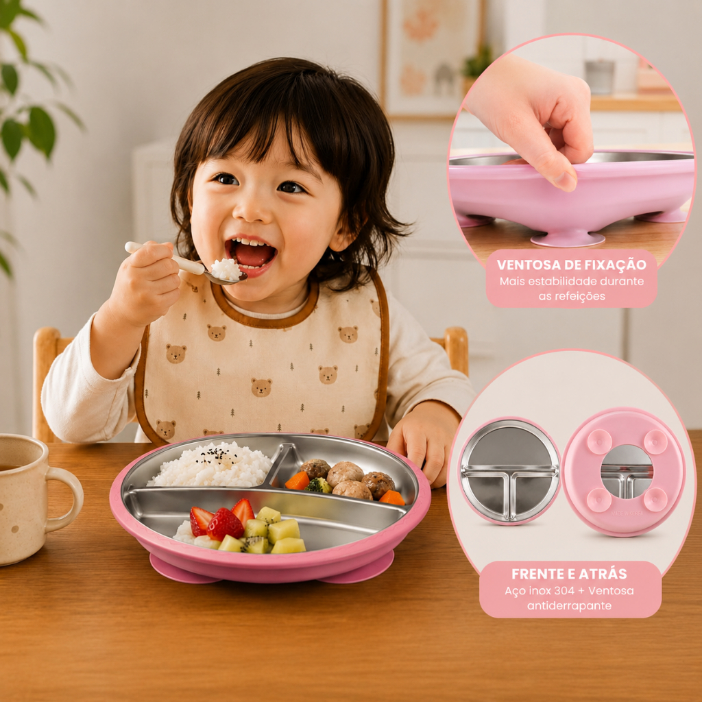 Prato Bebê Infantil Criança Aço Inox Ventosa e 3 Divisórias
