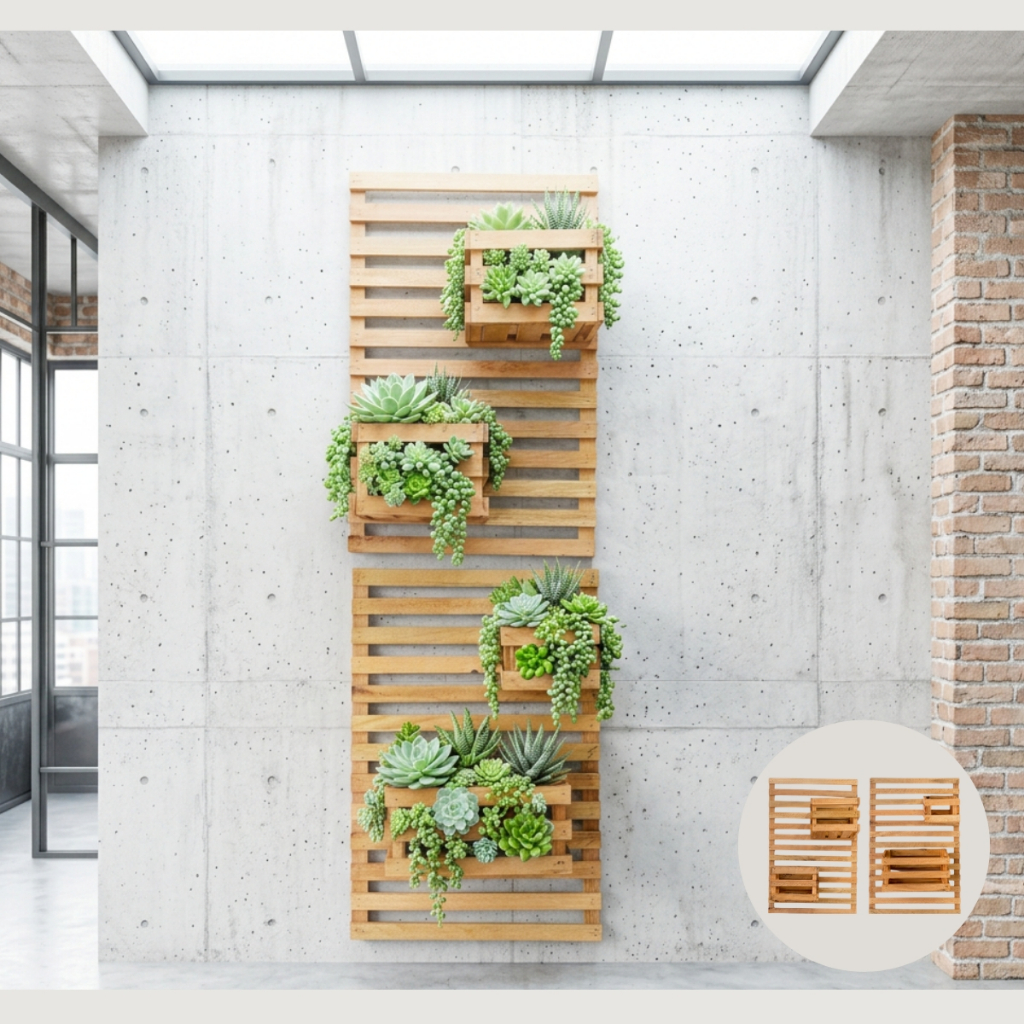 Kit Jardim Vertical Madeira 60x40 Treliça Parede Horta 4 Cachepots Plantas