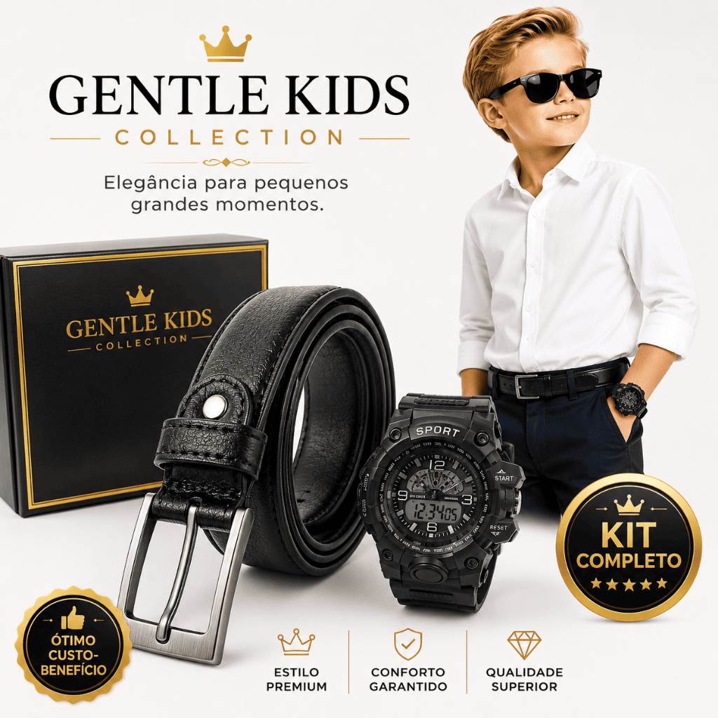 Kit Cinto Infantil Social Casual Couro Ajustável + Relógio Inteligente Menino Kids Premium