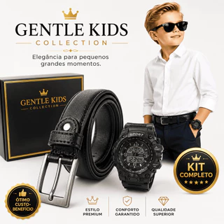 Kit Cinto Infantil Social Casual Couro Ajustável + Relógio Inteligente Menino Kids Premium