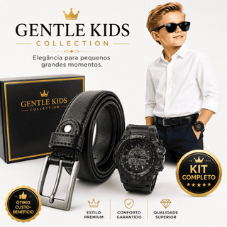 Kit Cinto Infantil Social Casual Couro Ajustável + Relógio Inteligente Menino Kids Premium