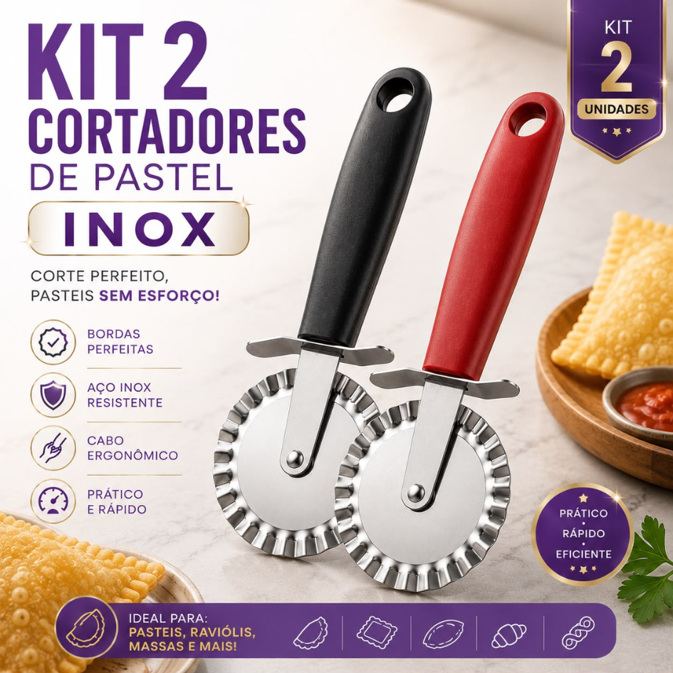 KIT 1 2 Cortador de Pastel Corta e Fecha em Inox Carretilha para Massas Ravioli Pastel Bordas Profissional