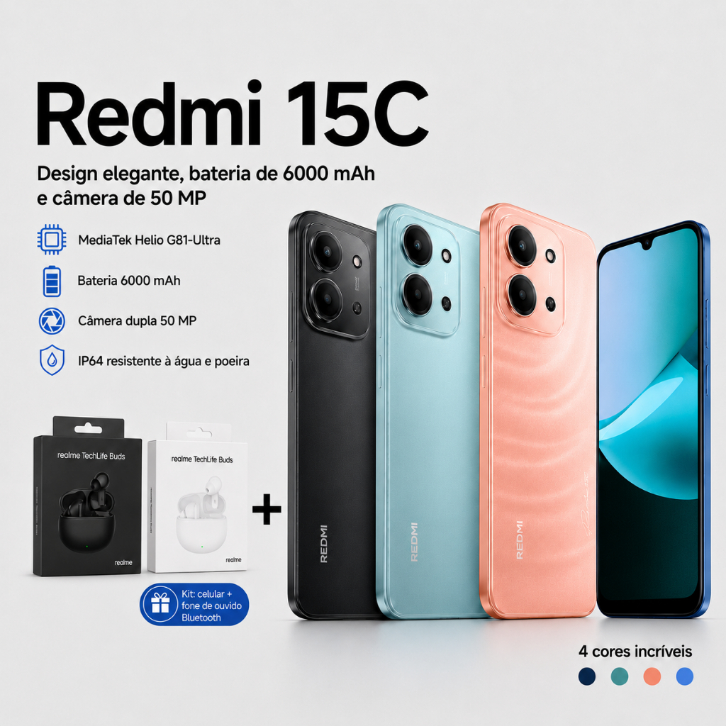 Kit: Redmi 15C 4G +Realme Techlife Buds, Versão Global, Processador, Mediatek Hé