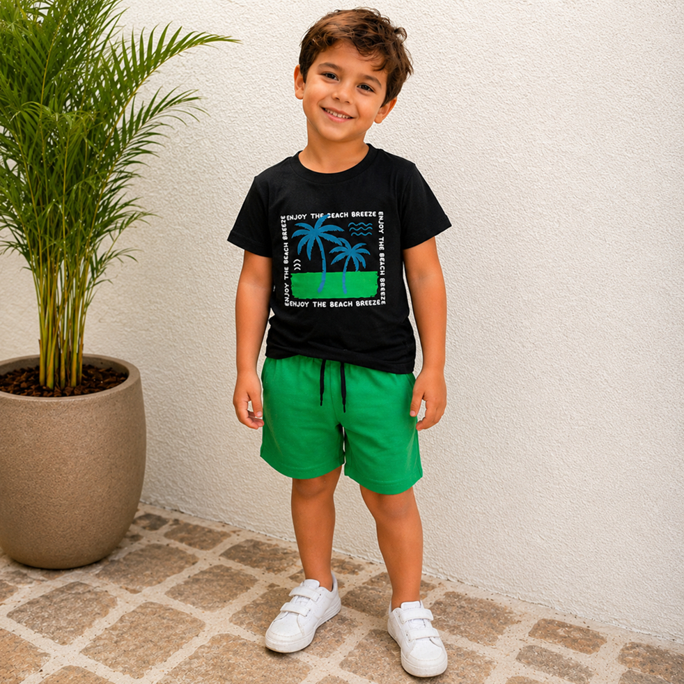 Conjunto Infantil Menino | Camiseta em Malha Algodão Com Estampa Frontal e Bermuda em Moletinho C/Cadarço Fake