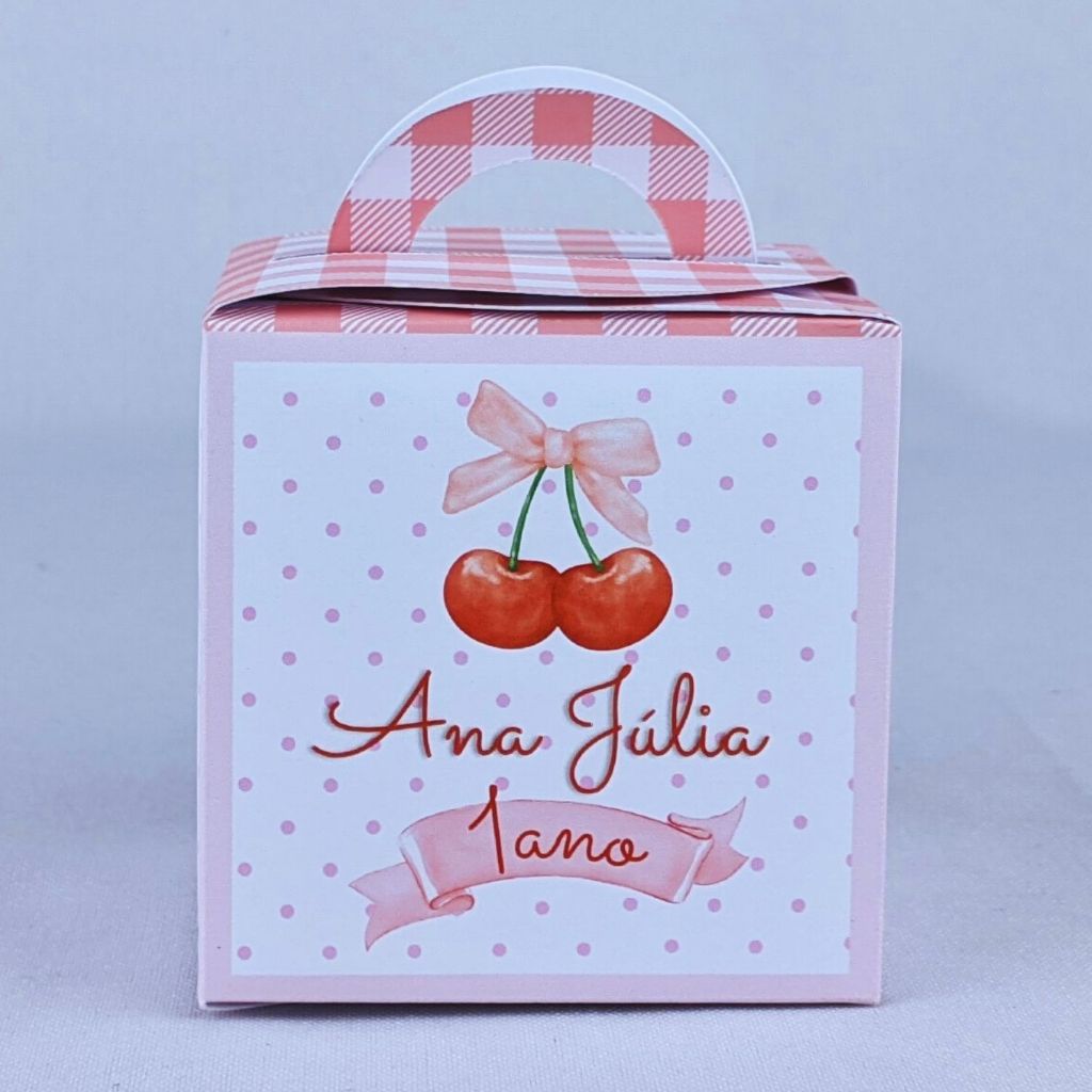 Kit 10 a 80 Caixinhas Para Lembrancinha Cerejinha Rosa Cubo Com Alça Personalizada Infantil de Aniversário