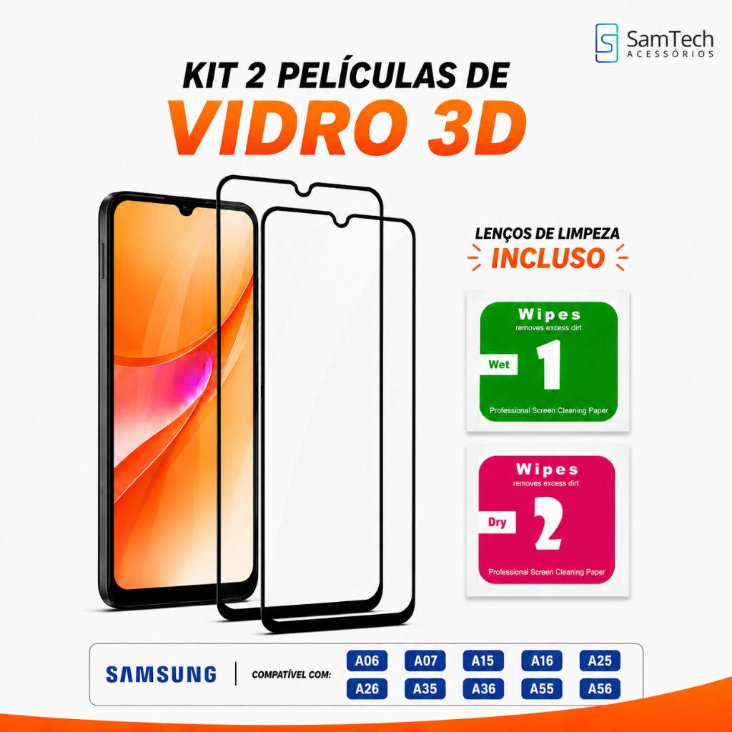 Kit 2 Películas Vidro 3D Samsung A06 A07 A15 A16 A25 A26 A35 A36 A55 A56 Proteção Tela