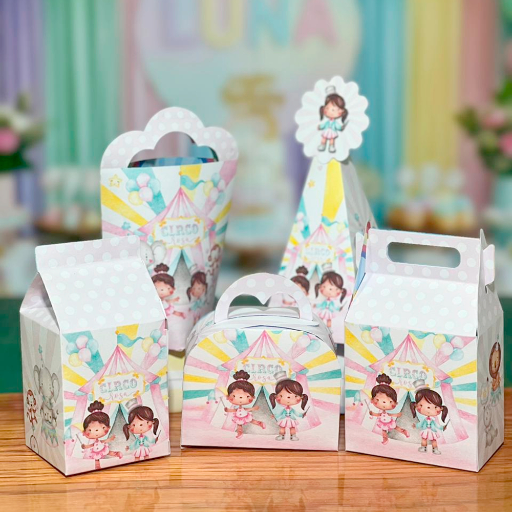 Kit Caixinha de Festa Circo Rosa Kit Festa Personalizada Lembrancinha Maletinha Milk Coração Pirâmide Surpresa