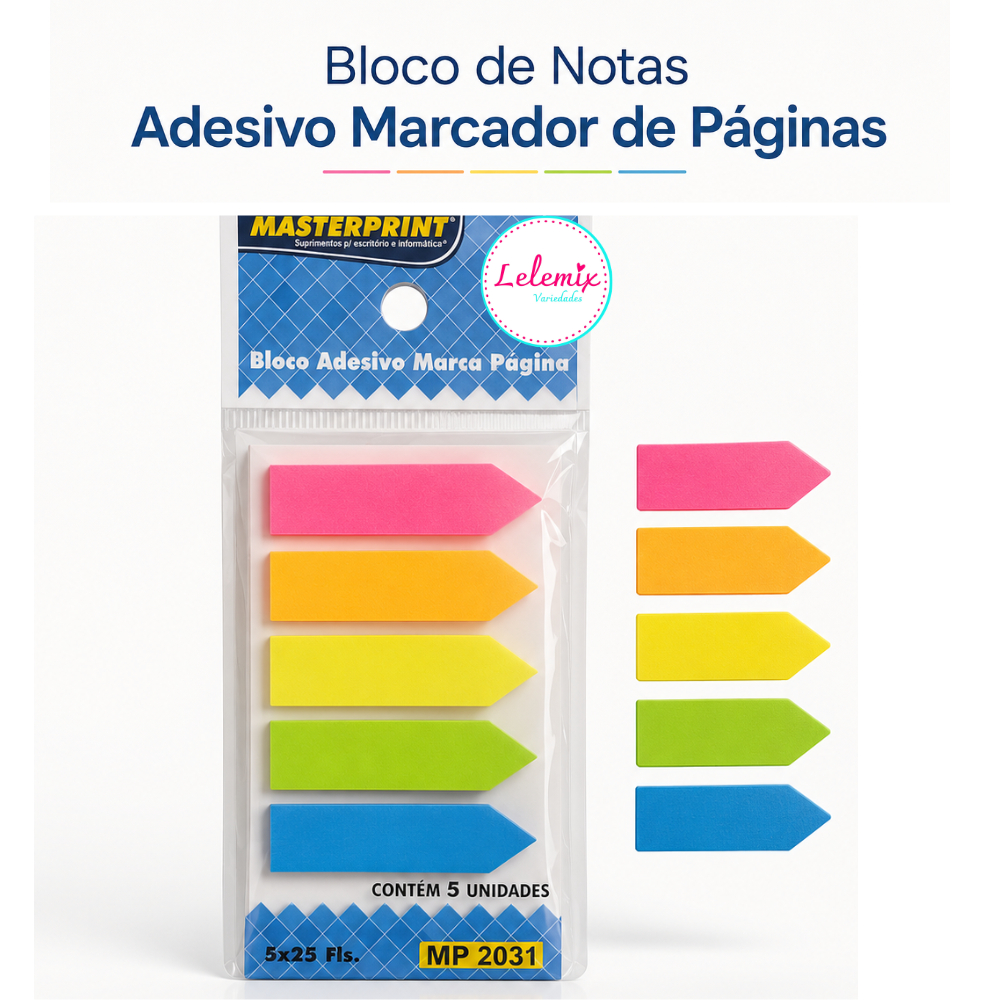 Bloco Notas Adesivo Marcador Páginas Seta 5 Cores para Anotações Unidade 125 Folhas Livros Cadernos