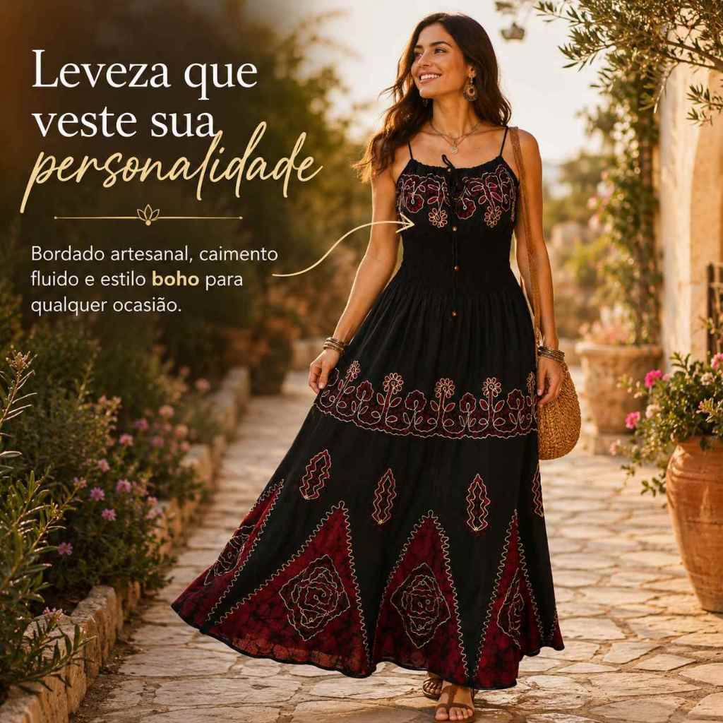 Vestido Indiano Longo Batik Bordado Moda Indiana Feminina Evangelica Modelo Exclusivo