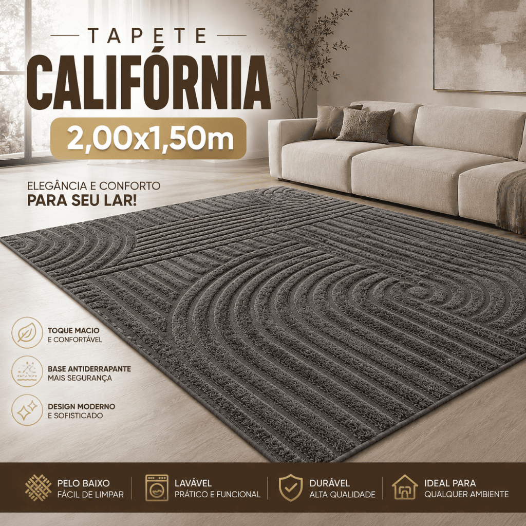 Tapete Sala 2,00x1,50m Alto Relevo Moderno Premium Macio Antiderrapante Quarto California Cinza