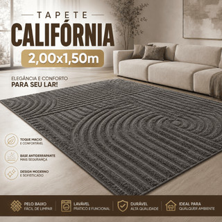 Tapete Sala 2,00x1,50m Alto Relevo Moderno Premium Macio Antiderrapante Quarto California Cinza